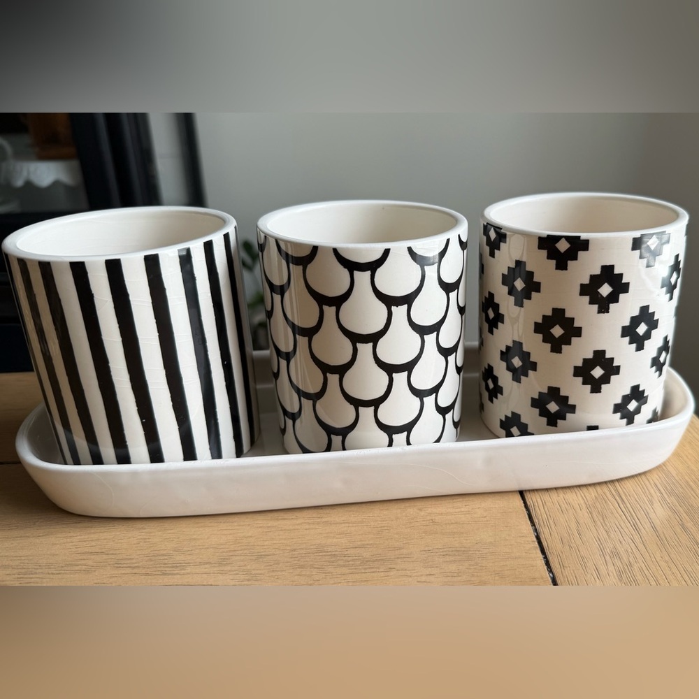Rae Dunn Black and White Patterned Ceramic Planters